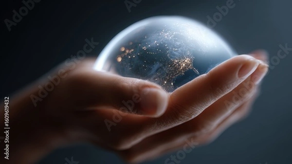 Fototapeta Conceptual image: A hand holding a small glowing earth with a protective barrier, global disaster resilience. Preparedness, unity. Luminous, symbolic.