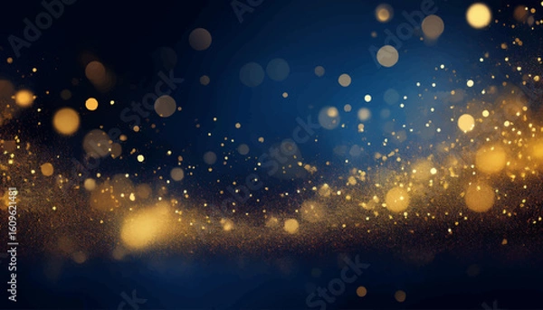 Fototapeta Elegant abstract background with dark blue and gold particles, Christmas golden light bokeh on navy blue, gold foil texture for holiday themes