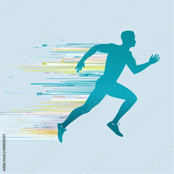 Fototapeta silhouette of a running athlete, surrounded by data streams