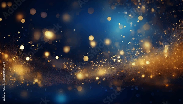 Fototapeta Elegant abstract background with dark blue and gold particles, Christmas golden light bokeh on navy blue, gold foil texture for holiday themes
