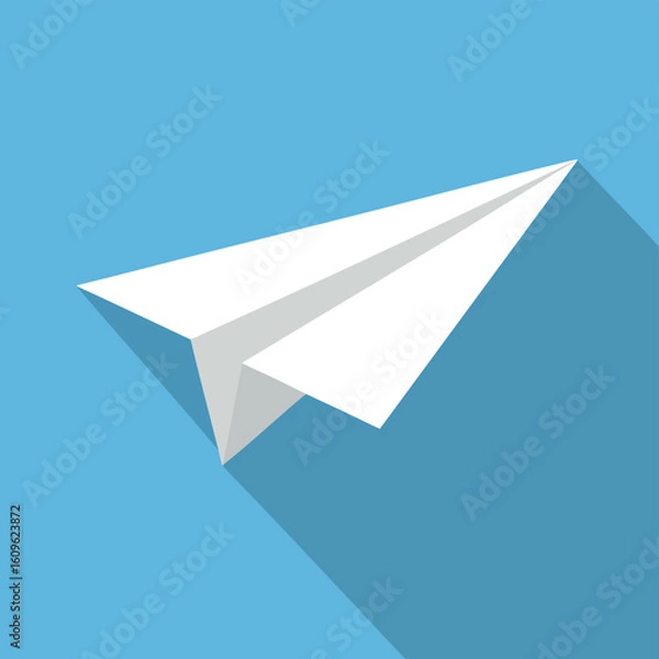 Fototapeta White paper airplane icon in a flat design style with a long shadow on a blue background.