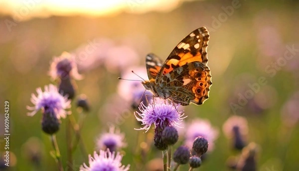 Fototapeta Butterfly on flower at sunset