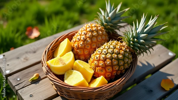 Fototapeta Whole and Cut Pineapples in a Fruit Basket on Summer Picnic Table, Top-Down View