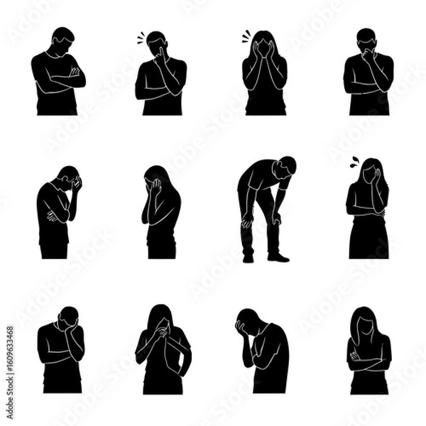 Fototapeta Collection of black silhouette figures showing various states of distress