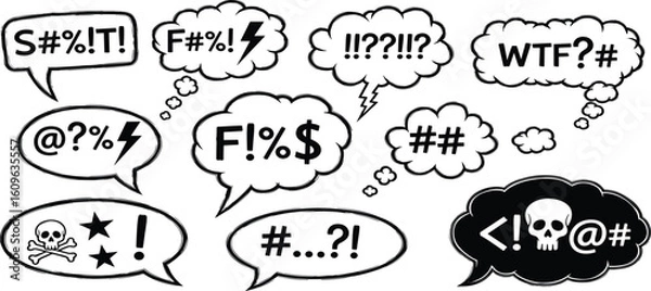 Fototapeta Comic speech bubbles with angry, swear words. Hand drawn crayon speech bubbles with the curses, insults, vulgar rage, swear word symbol and offensive language