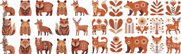 Fototapeta Scandinavian Folk Animals Vector Pack – Fox, Bear & Deer in Earthy Tones