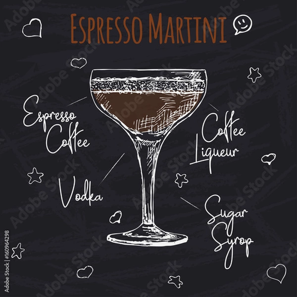 Fototapeta Simple recipe for an alcoholic cocktail Espresso Martini. Drawing chalk on a blackboard. Vector illustration of a sketch style.