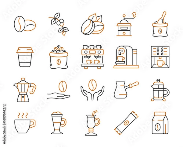Fototapeta Coffee line icon set. Color vector collection with beans, grinder, beans bag, turkish cezve, coffee machine, latte, cappuccino, coffee maker, cup.