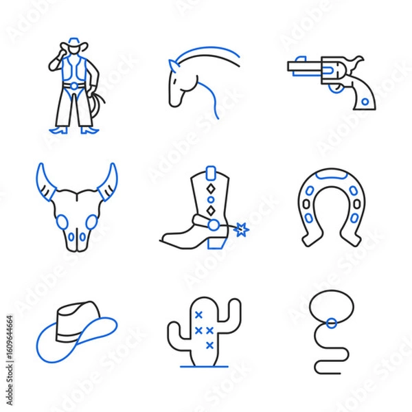 Fototapeta Cowboy line icon set. Wild west color collection with horse, gun, bull skull, cowboy boot, horseshoe, hat. Vector illustration.