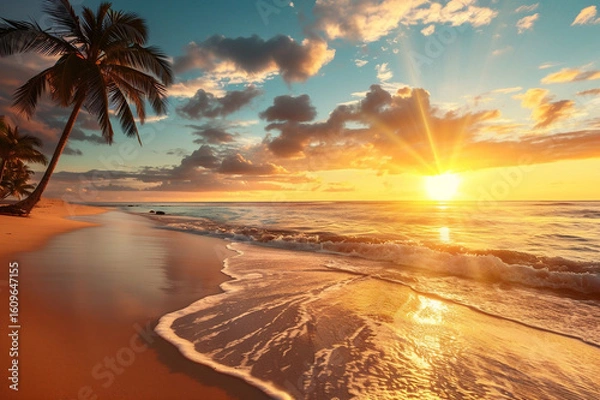 Fototapeta Tropical Beach Sunsets with Palm Trees, Ocean Waves and Golden Sunlight Reflections on Sandy Shorelines
