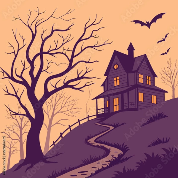 Obraz Vector of Haunted House Under Full Moon
