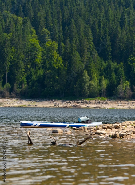 Fototapeta sup board on the lake, Stony Coast with forest in the background