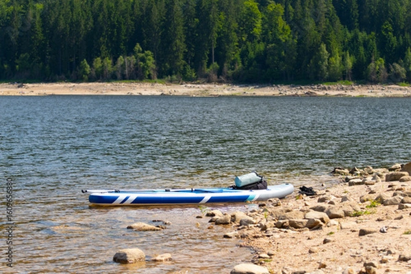 Fototapeta sup board on the lake, Stony Coast with forest in the background