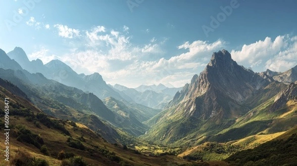 Obraz Scenic panorama of towering majestic mountains beneath a clear sunny sky