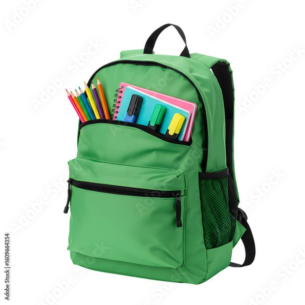 Fototapeta A vibrant green backpack stuffed with colorful pencils and a notebook, ready for school, isolated on white or transparent background. PNG