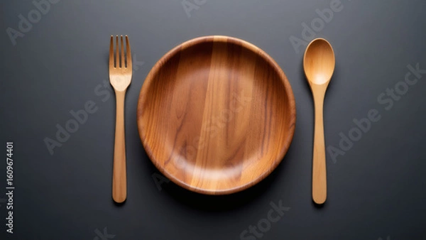 Fototapeta Wooden bowl with wooden spoon and fork on dark gray surface