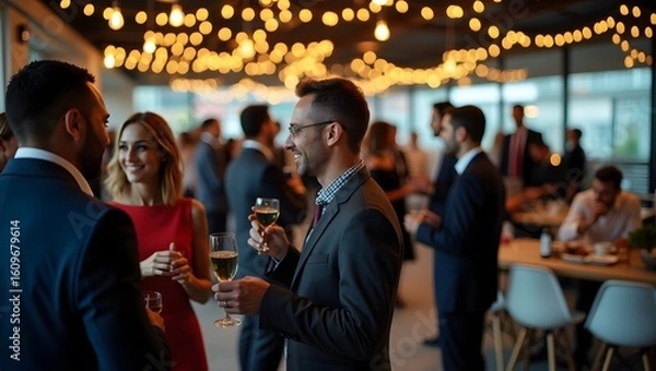 Fototapeta People mingling at a corporate event with champagne glasses and string lights in the background indoors
