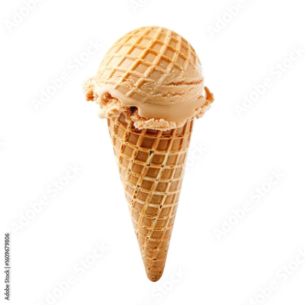 Fototapeta Caramel-colored ice cream scoop in a waffle cone