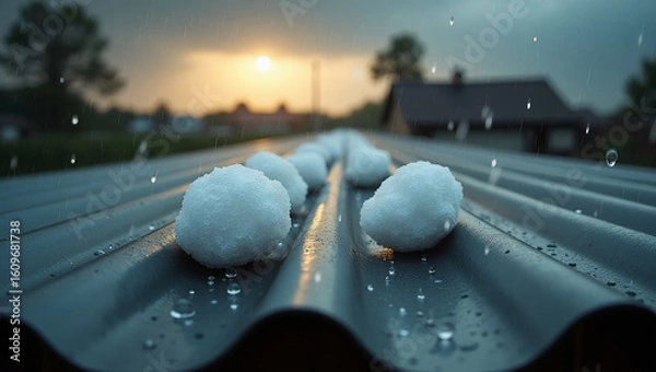 Fototapeta Large hailstones resting on a wet corrugated roof, with the dramatic light of a setting sun after a severe hailstorm.