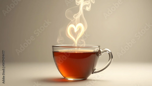 Fototapeta A glass tumbler contains hot black tea, and the heat creates a heart shape in the steam generative AI