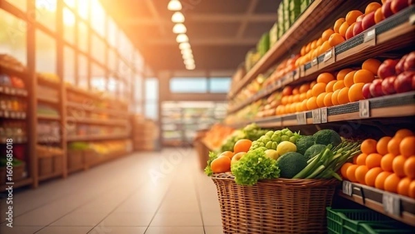 Fototapeta Fresh produce displayed in a grocery store aisle with warm lighting