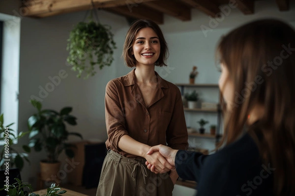 Fototapeta A warm welcome handshake sealing a deal with a smiling brunette in a cozy plant filled office