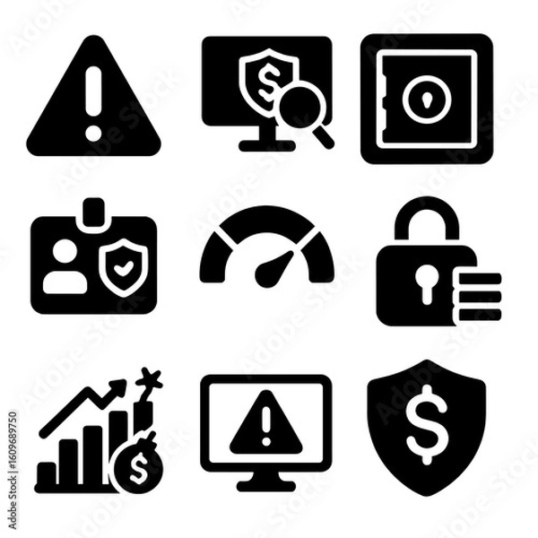 Obraz Financial Security Icons. Solid style icons of financial risk and security: caution icon, fraud alert, locked safe, ID