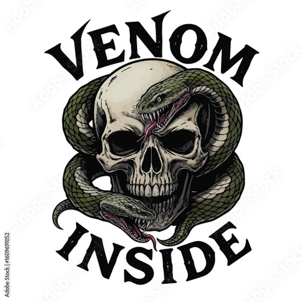 Fototapeta Menacing skull with snakes wrapped around, "Venom Inside" text tshirt design