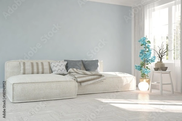 Fototapeta White room with sofa and green landscape in window. Scandinavian interior design. 3D illustration