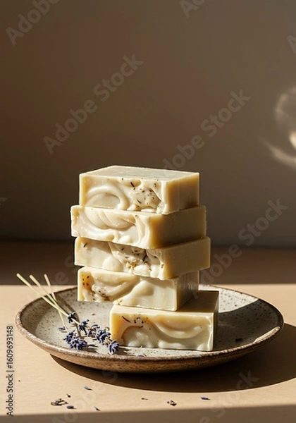 Fototapeta Stack of handmade soap bars on a ceramic plate with lavender sprigs.