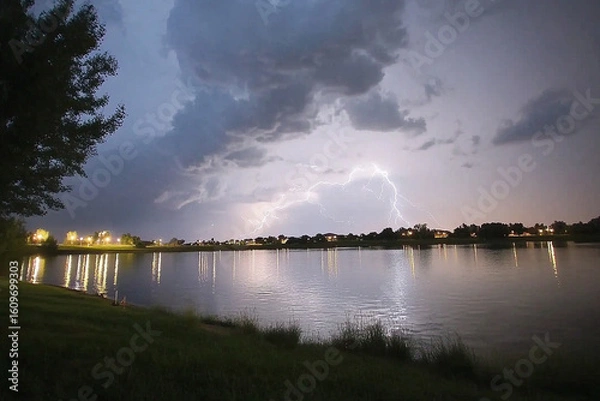 Fototapeta Dramatic lightning strikes over a calm lake during a storm