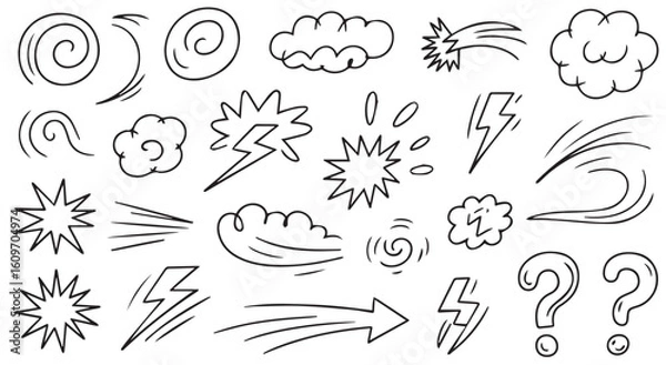 Fototapeta Line movement emotion effect element, cartoon emotion effect decoration icon. Hand drawn effect manga doodle line element arrow, emphasis, shock, sparkle. Expression sign anime line movement vector