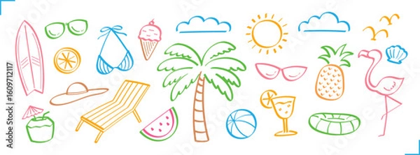 Fototapeta fun trendy hand drawn colorful line graphic vector set in summer concept