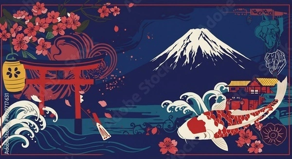 Fototapeta Japanese Landscape with Koi Fish, Torii Gate, and Mount Fuji