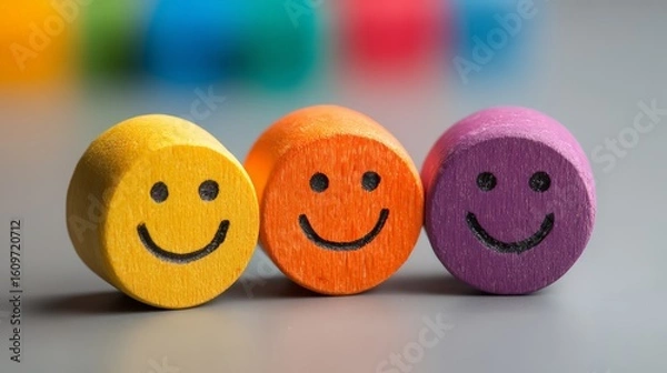 Fototapeta Colorful smiley face tokens on a neutral background, representing joy and positivity.