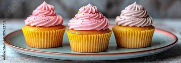 Fototapeta Three cupcakes with pink and purple frosting on a plate