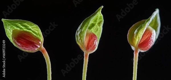Fototapeta Three young plants each with a red seed emerging from green leaves on a black background