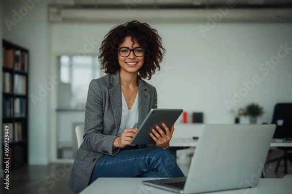 Fototapeta Empowered woman smiles navigating digital work on a tablet in a bright office with casual