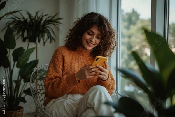 Fototapeta A young woman smiling while texting on her phone cozy in her plant filled apartment with a bright