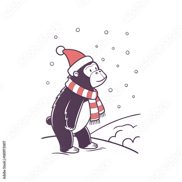 Fototapeta An adorable cartoon gorilla, dressed in a festive Santa hat and striped scarf, stands outdoors in a gentle snowfall.