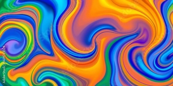 Fototapeta Vibrant, swirling abstract shapes in blues, greens, oranges, and yellows, mixed media, grunge