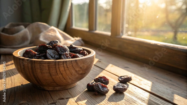 Fototapeta Rustic bowl of dried plums  Pickles on wooden table with morning sunlight