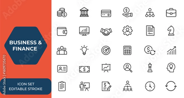 Fototapeta Line style web icon set for business and finance. Icons for money, bank, payment, management, teamwork, wallet, office, and business process on mobile and web. Vector illustration, commerce, finance