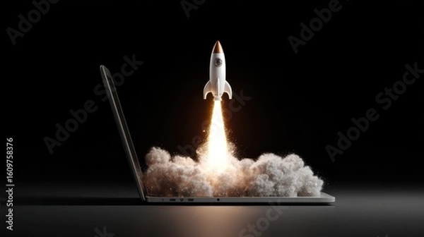 Fototapeta Startup concept with rocket flying out of laptop screen on black background. Sideview, 3D Rendering, no logos, no brands