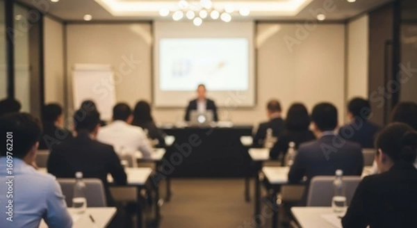 Fototapeta A blurred background of an audience attending a business conference or seminar. A speaker presenting on stage to a crowd at a professional event.