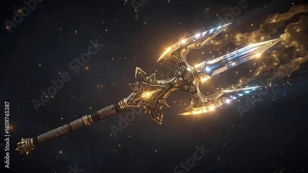Fototapeta The sacred trident with a glowing tip looks mysterious, floating in the air, it is a sacred weapon design.