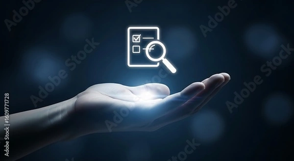 Fototapeta A glowing checklist icon with a magnifying glass hovers above a hand, representing audit and inspection