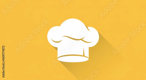 Obraz White chef hat icon with long shadow on yellow background, representing the culinary arts profession.