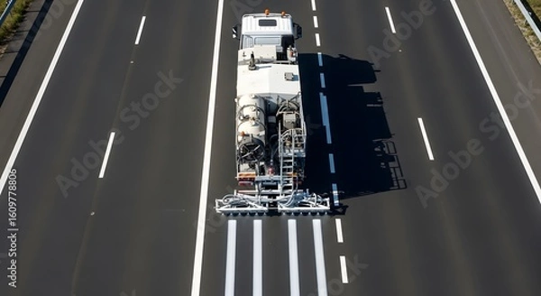 Fototapeta Aerial view of road marking vehicle applying white lines on asphalt road under sunlight casting shadows during the day