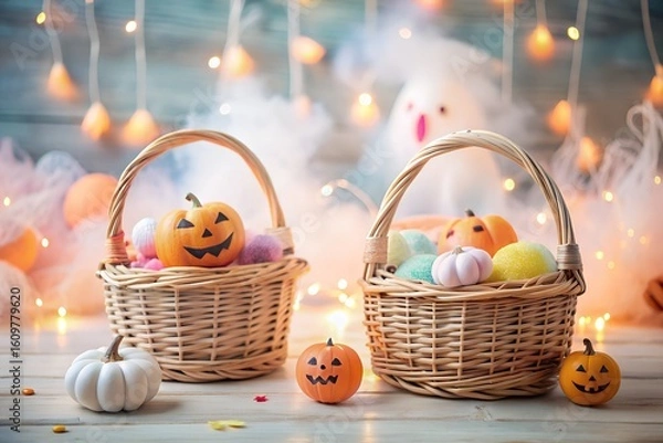 Fototapeta Cute pastel Halloween baskets with pumpkins and ghosts create a whimsical and festive holiday display.